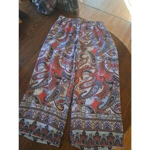 Large New Directions Red Blue White Floral Elastic Waist Wide Flare Leg Pants